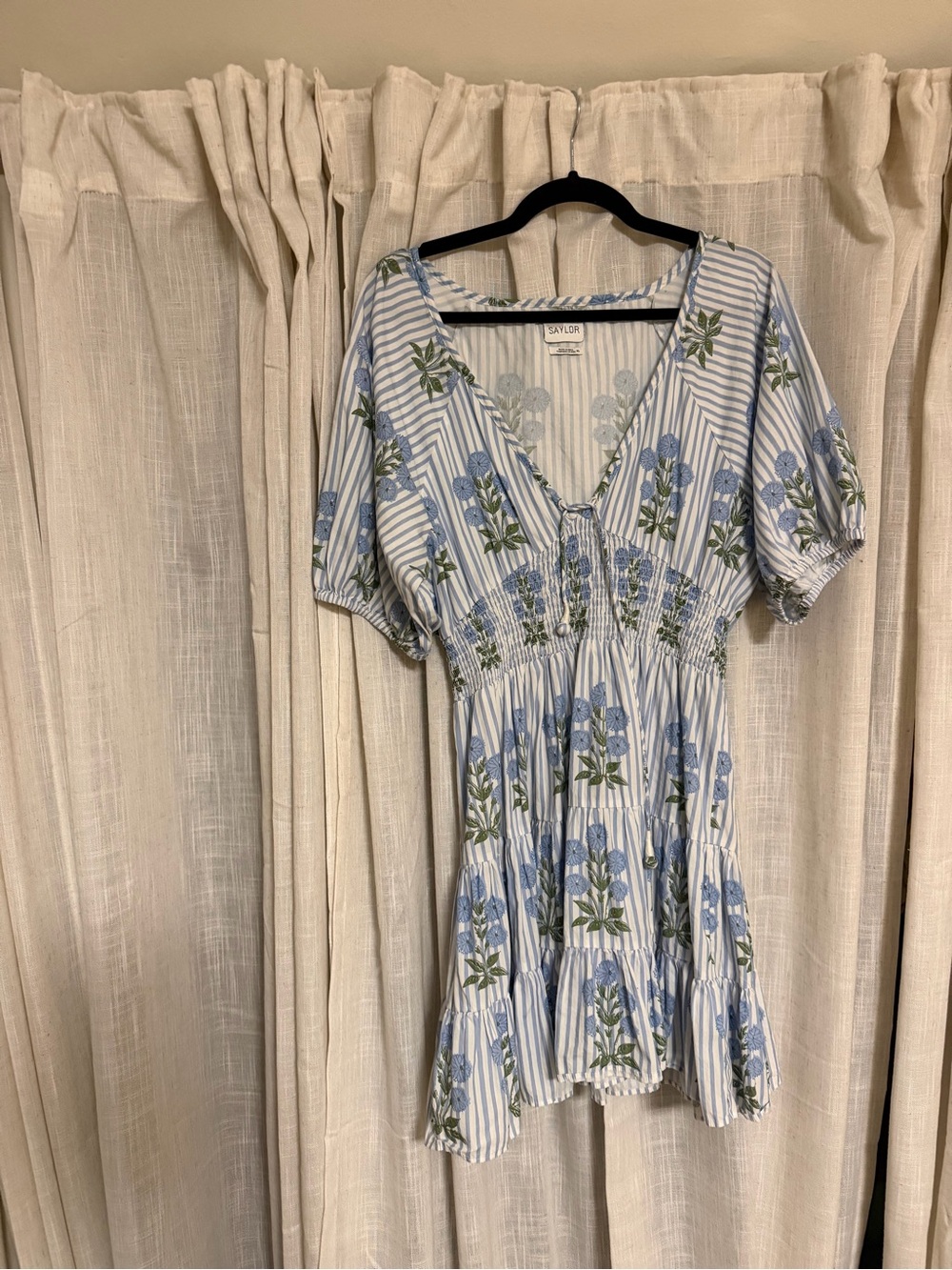 SAYLOR Blue and White Striped Floral V-Neck dress